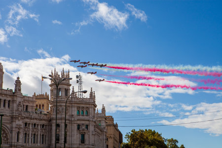 Military aircraft flying in the military parade on October 12. Madrid, Spain. High quality photo