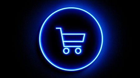 Blue shopping cart with neon lights. The cart is lit up and he is glowing. Concept of excitement and energy, as if the shopping cart is ready to be used for a shopping tripの素材