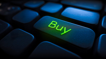 3D keyboard close-up on one key glowing bright neon green with Buy text or shopping cart symbol,の素材