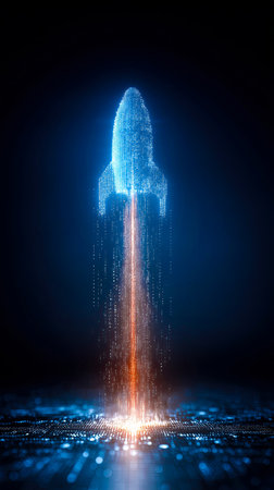 Blue and orange rocket is shooting out of the ground. The rocket is surrounded by a lot of small, glowing particles. The image has a futuristic and otherworldly feel to itの素材