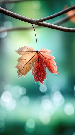Single maple leaf on branch, closeup, blurry bokeh background,. High quality photoの素材