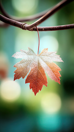 Single maple leaf on branch, closeup, blurry bokeh background,. High quality photoの素材