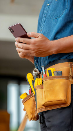 Close-up of an unrecognizable construction worker looking at his cell phone, the worker is wearing a tool belt. High quality photoの素材