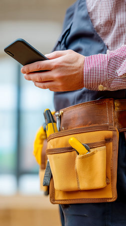 Close-up of an unrecognizable construction worker looking at his cell phone, the worker is wearing a tool belt. High quality photoの素材