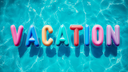 An aerial shot of a clean, crystal clear pool with a soft turquoise blue hue. Floating gently on the surface of the water are colorful 3D letters, VACACIONES,の素材