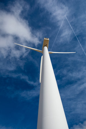 Marvel at the impressive height of wind turbines stretching towards the azure sky. Feel the breeze...