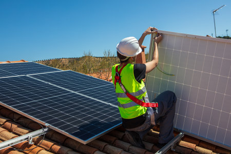 Solar panel installation on a residential roof under clear blue sky in mid-afternoon