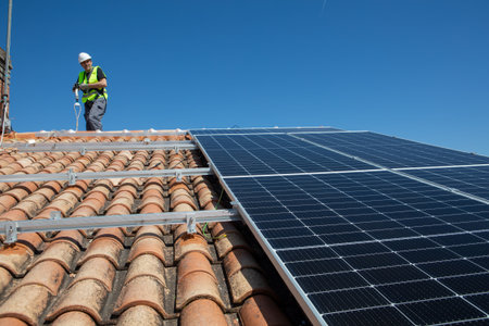 A worker in protective gear installs solar panels on a tiled roof under a clear blue sky. The...