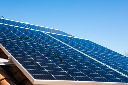 Solar panels are mounted on a tiled rooftop under a clear blue sky. The installation showcases...