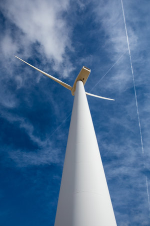 Marvel at the impressive height of wind turbines stretching towards the azure sky. Feel the breeze...