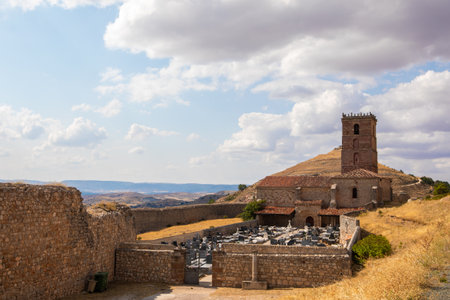 Historic ruins in Atienza, Guadalajara, Spain display remnants of ancient architecture surrounded by...