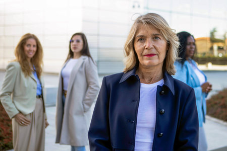 Four diverse women stand together outdoors near a modern building under clear skies, dressed in...