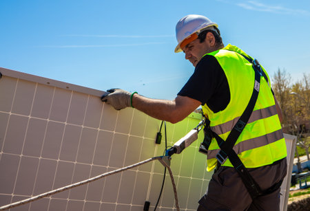 A worker wearing a safety vest and helmet is securely installing solar panels on a residential rooftop. It is a sunny day, and the installation is taking place at midday.の写真素材
