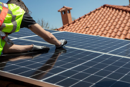 Worker installs solar panels on a rooftop under clear blue sky in bright daylight