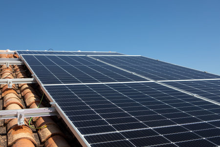 Solar panels are mounted on a tiled rooftop under a clear blue sky. The installation showcases...