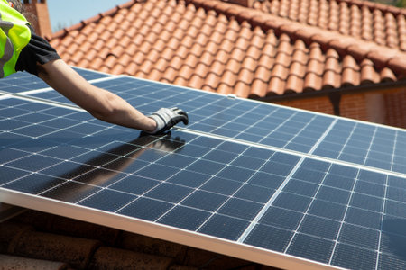 A worker in safety gear is carefully installing solar panels on a rooftop under bright blue skies....
