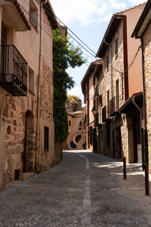 A narrow cobblestone street winds through a historic village, flanked by rustic stone houses. Lush greenery adds charm on a bright, sunny day.の写真素材