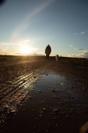 A man and his dog are walking on a dirt road. The man is wearing a jacket and the dog is wearing a collarの写真素材