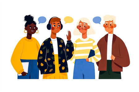 Four young friends stand together sharing ideas and laughing. Each person has a unique style, showcasing vibrant colors that enhance the joyful atmosphere filled with speech bubbles.の素材