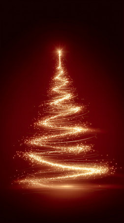 A beautiful Christmas tree formed from shimmering lights spirals upwards against a deep red backdrop. The sparkling decorations give a warm, joyful feeling, perfect for the holiday season.の素材