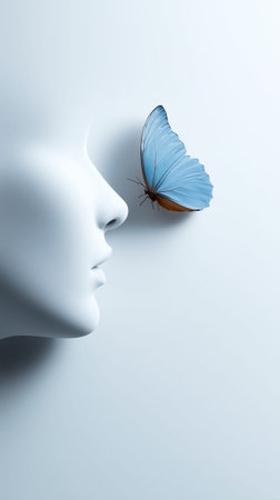 A stunning blue butterfly delicately approaches a smooth white face silhouette, creating a moment of calm beauty and connection. The soft colors inspire tranquility and wonder.の素材