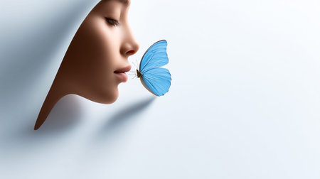 A gentle moment unfolds as a serene girl meets a brilliant blue butterfly in an ethereal white background, capturing the essence of connection and tranquility.の素材