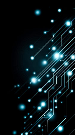 Bright blue and white lines and dots form an intricate digital design against a deep black background. This artwork symbolizes connectivity and technological advancement in today's world.の素材