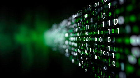 A mesmerizing cascade of green and black envelopes the scene as binary digits rush through a dark digital space, creating an illusion of vast connectivity and advanced technology.の素材