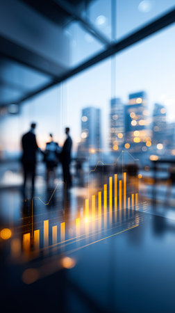 Silhouetted figures engage in a dynamic conversation as the city glows outside, symbolizing growth and ambition in the corporate world at dusk.の素材