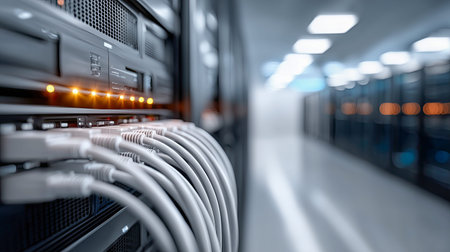 The heart of a modern data center, showcasing neatly organized cables linked to powerful servers. Bright lights signal ongoing digital operations and connectivity.の素材