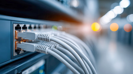 Cables link various devices in a lively server room, where illuminated equipment hums with energy. The scene captures a blend of technology and connectivity at work.の素材