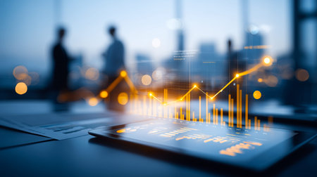 In a sleek office space, professionals engage in discussion while a digital screen displays vibrant graphs and data analytics. This scene captures the essence of modern business collaboration.の素材