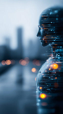 A striking figure with a shimmering digital outline gazes into an energetic cityscape, where bright lights twinkle against a soft twilight sky. The atmosphere feels alive with movement.の素材