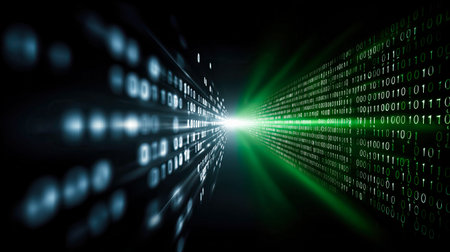 A vibrant stream of cascading binary numbers stretches toward a brilliant green light.の素材