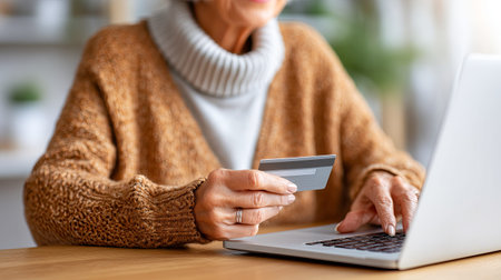 With a warm smile, an elderly woman holds her credit card while focused on her laptop. She enjoys the convenience of online shopping in her cozy, inviting home atmosphere.の素材