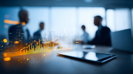 In a sleek office with a view of a bustling city, professionals engage in a serious discussion surrounded by glowing financial data. The atmosphere is dynamic and vibrant.の素材