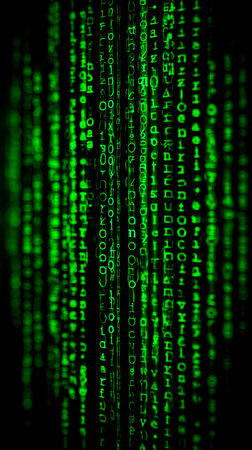 Bright green numbers and symbols fall like rain, forming a mesmerizing pattern. This scene conveys a sense of depth, mystery, and the pulse of technology in action.の素材