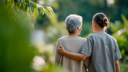 In a tranquil garden bathed in the soft glow of morning light, a caregiver shares a tender moment with an elderly woman, fostering warmth and companionship amidst nature's beauty.の素材