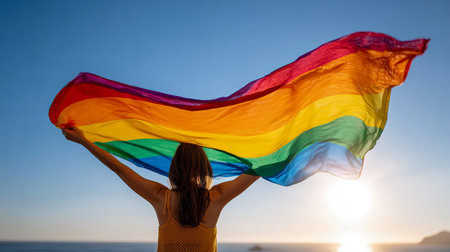 A person joyfully waves a rainbow flag against a stunning sunset by the ocean. The colorful fabric dances in the light, symbolizing hope and love in the air.の素材