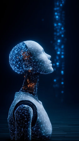 A humanoid robot stands elegantly, its surface shimmering with radiant patterns of light.の素材