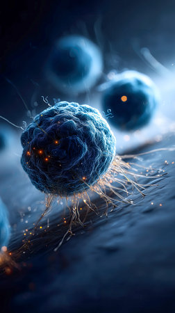 Cells with intricate structures float in a dark background, glowing softly with luminescent colors. Their tendrils stretch out, showing life at a microscopic level.の素材