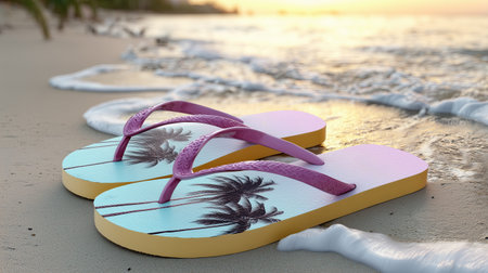 Brightly colored flip flops sit on soft sand as gentle waves roll in during a vibrant sunset. The scene radiates relaxation, inviting a carefree beach experience.の素材