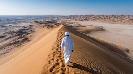 A lone figure dressed in traditional attire walks along the ridge of towering sand dunes. The vast desert stretches infinitely, displaying a tapestry of golden grains under the bright sky.の素材