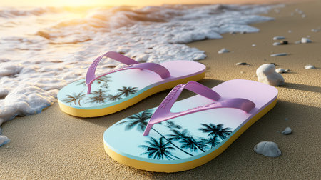 Brightly colored flip-flops with palm tree designs sit on warm, golden sand as soft waves lap gently at them. The sun sets, casting a warm glow over the scene, inviting relaxation.の素材