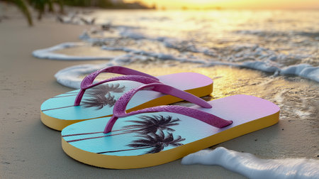 Colorful flip-flops rest by the shoreline as gentle waves lap against the warm sand. The sky glows with vibrant colors, hinting at a perfect summer evening by the sea.の素材
