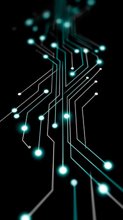 Bright neon circuits twist and turn into a stunning display, forming interconnected lines that create a hypnotic effect in the darkness, evoking a sense of futuristic technology.の素材