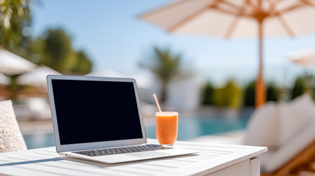 A laptop sits on a white table next to a vibrant orange drink. The clear blue sky and sparkling pool create a relaxing atmosphere perfect for working or lounging in the sun.の素材