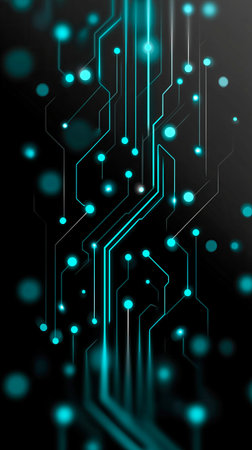 A mesmerizing display of interconnected lines and luminous circles creates a beautiful circuit design. Electric blue shapes shine brightly, inviting viewers to explore the digital realm.の素材