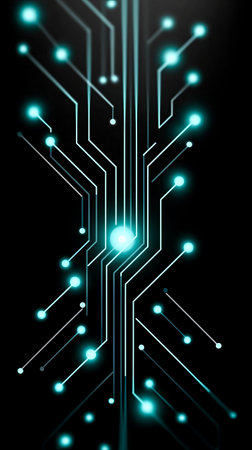 A mesmerizing circuit design stands out, illuminated by blue lights in a striking pattern against a deep black backdrop, symbolizing innovation and advanced technology.の素材