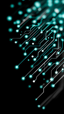 Intricate lines of digital circuitry spread across a dark canvas, illuminated by glowing teal and white dots. The design reflects the elegance of technology, symbolizing connectivity and innovation.の素材